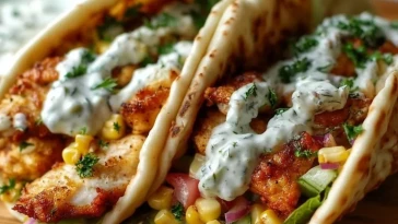 Pitas au poulet croustillant avec ranch aux herbes