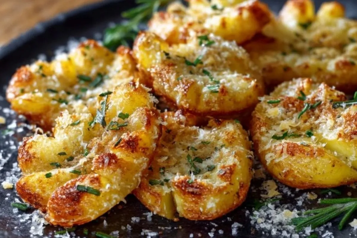 Pommes de terre écrasées croustillantes au beurre à l'ail et au parmesan