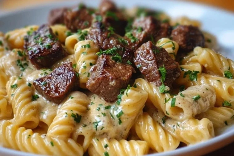 Rigatoni crémeux au beurre à l'ail et steak