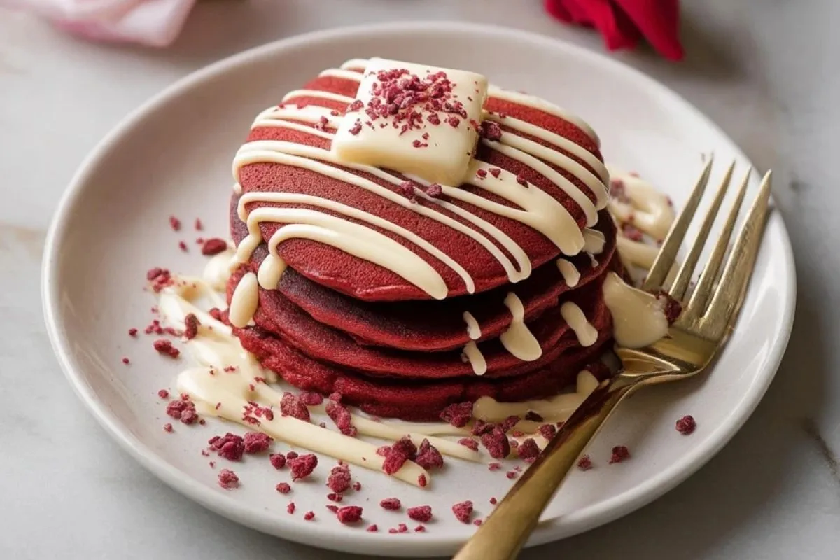 Pancakes Velours Rouge Pour Un Petit-Déjeuner Doux De Saint-Valentin