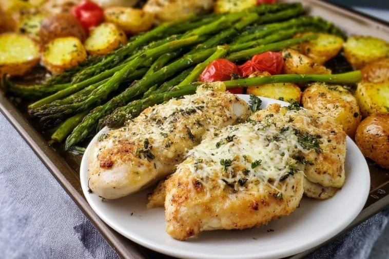 Poulet Ail Parmesan Sur Plaque Avec Pommes De Terre Et Haricots Verts